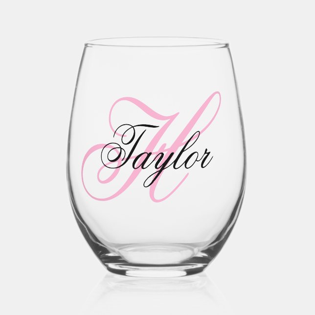 Black and Pink Fancy Monogram Stemless Wine Glass (Front)