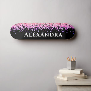 Black And Pink Faux Glitter Aesthetic Custom Name Skateboard