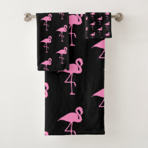 Black and Pink Flamingo Pattern Bath Towel Set