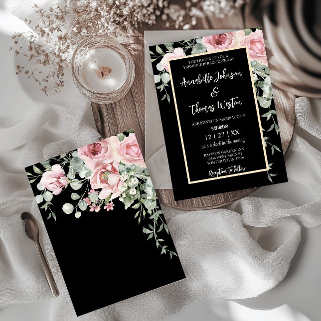 Black and Pink Floral Boho Wedding Invitation  (Elegant Black, Pink Floral watercolor boho style with gold accents wedding invitation.)