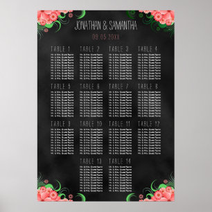 Black and Pink Floral DIY 14 Table Seating Chart