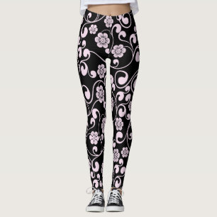 Black and Pink Floral Pattern Women's Workout Leggings