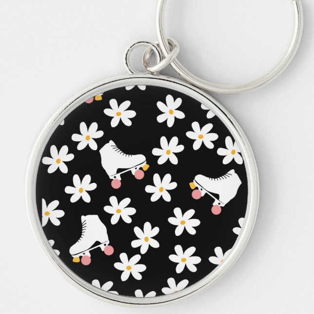 Black And Pink Floral Roller Skating Skates Keychain (Front)
