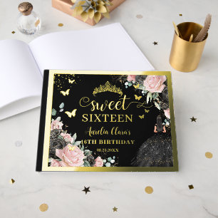 Black and Pink Floral Sweet Sixteen 16th Birthday Guest Book