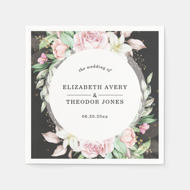 Black and Pink Floral Wedding Napkin (Front)