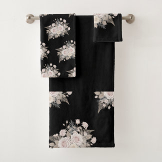 Black and pink flowers modern decorative bathroom  bath towel set