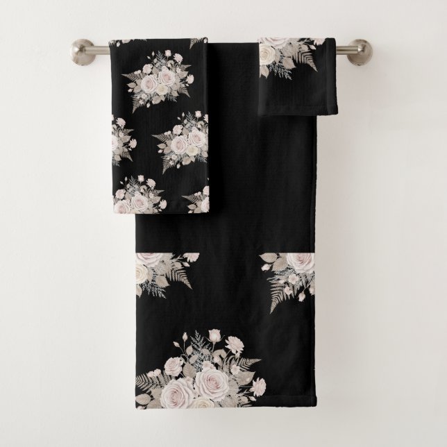 Black and pink flowers modern decorative bathroom  bath towel set (Insitu)