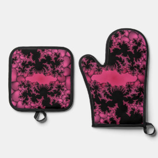 black and pink fractal oven mitt & pot holder set