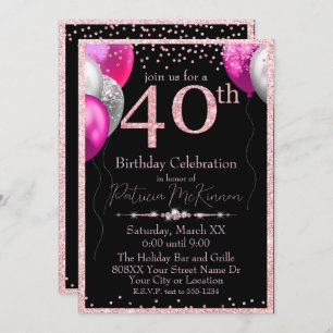 Black and Pink Glitter Balloons 40th Birthday Invitation