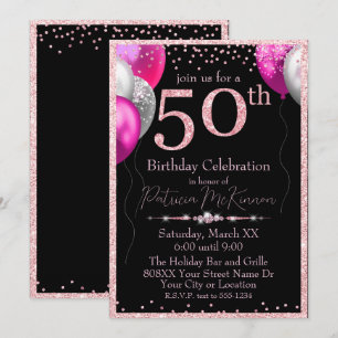 Black and Pink Glitter Balloons 50th Birthday Invitation