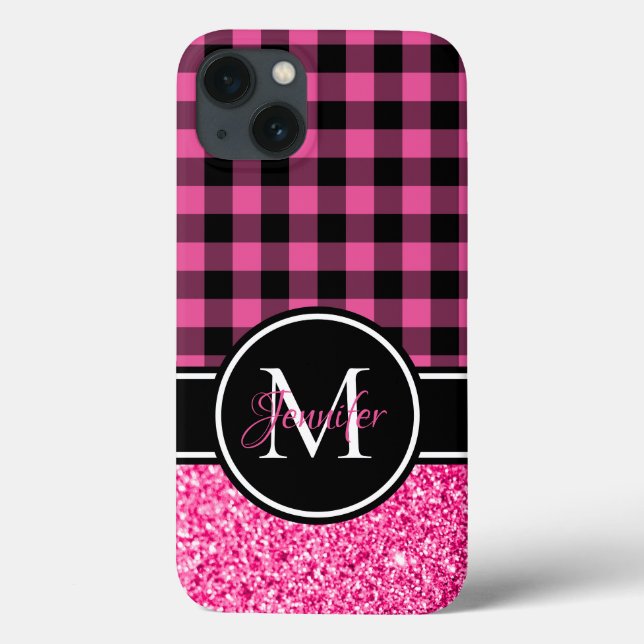 Black and Pink Glitter Buffalo Plaid Monogram Case-Mate iPhone Case (Back)