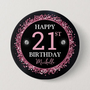 Black and Pink Glitter Confetti Birthday 3 Inch Round Button