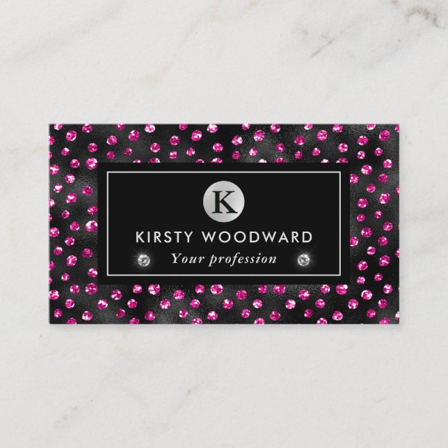 Black and Pink Glitter Glam Polka Dots Pattern Business Card (Front)