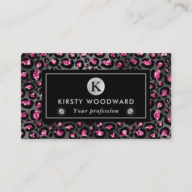 Black and Pink Glitter Leopard Spots Pattern Business Card (Front)