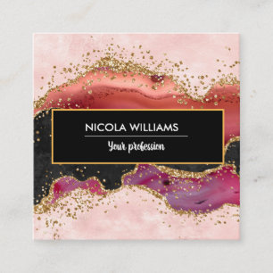 Black and Pink Glitter Marble Agate Square Business Card