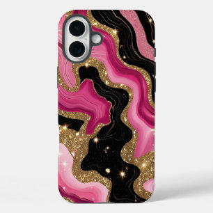 Black and pink Gold Agate iPhone 16 Plus Case