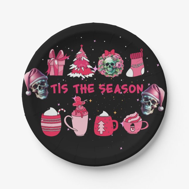 Black and Pink Gothic Christmas Paper Plates (Front)