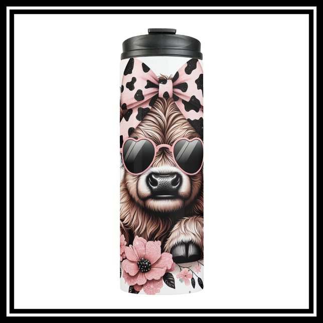 Black and Pink Highland Cow  Thermal Tumbler (Cute Highland Cow Travel Tumbler With Pink And Black Bow And Sunshades)