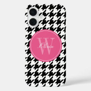 Black and Pink Houndstooth Pattern Monogram iPhone 16 Case