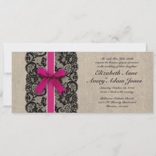 Black and Pink Lace and Burlap Wedding Invitation