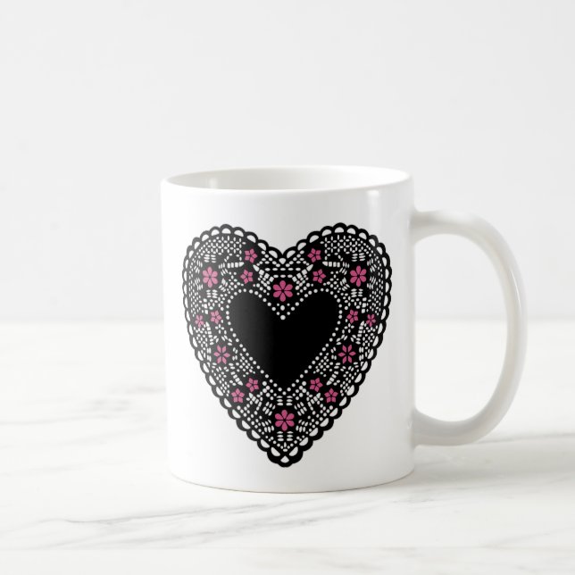 Black and Pink Lace Heart Coffee Mug (Right)