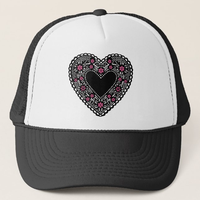 Black and Pink Lace Heart Trucker Hat (Front)
