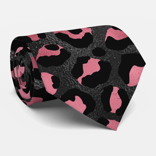 Black and Pink Leopard Print Tie (Rolled)