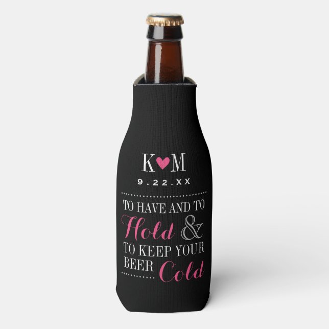 Black and Pink Modern Wedding Monogram Bottle Cooler (Bottle Front)