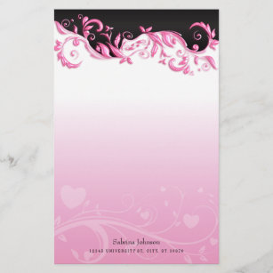 Black and Pink Ornate on Pink Gradient Stationery