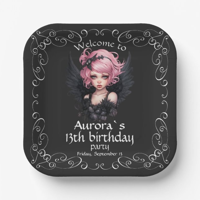 Black And Pink Pastel Goth Fairy 13th Birthday Paper Plate (Front)