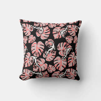 Black And Pink Pattern - Geckos And Leaves Throw Pillow