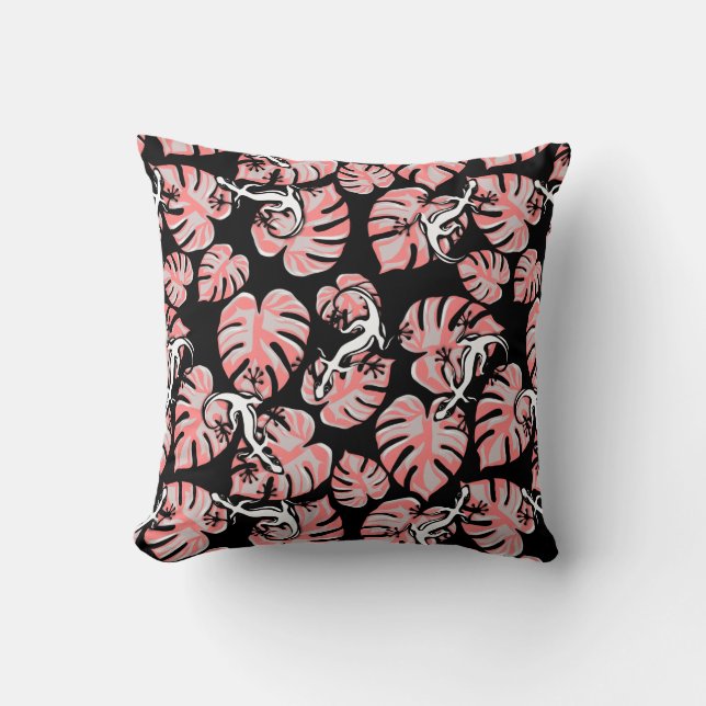 Black And Pink Pattern - Geckos And Leaves Throw Pillow (Front)