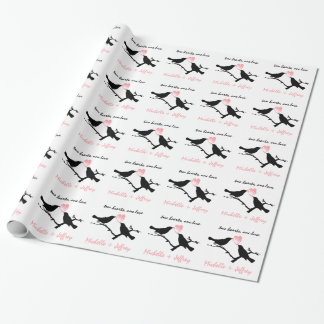 Black and Pink Personalized Love Birds with Heart Wrapping Paper