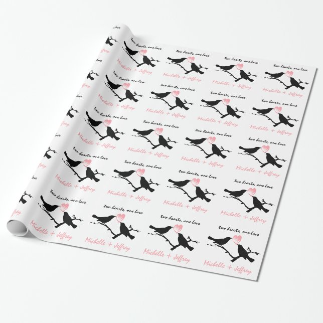 Black and Pink Personalized Love Birds with Heart Wrapping Paper (Unrolled)