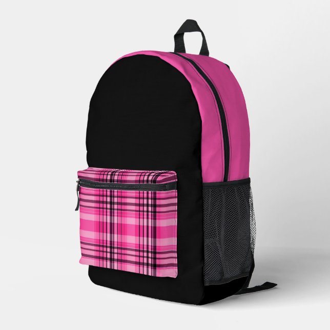 Black and pink plaid pattern butterfly printed backpack (Back Corner Right)