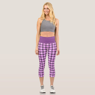 Black and Pink Plaid with white Chequered Hearts  Capri Leggings