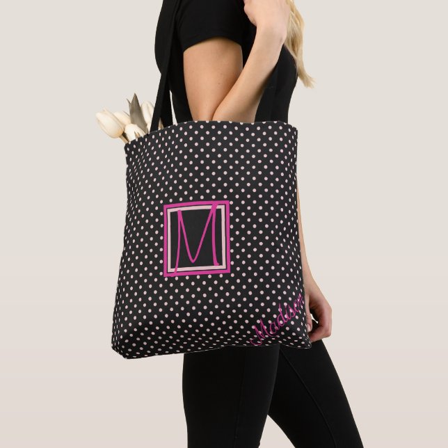 Black and Pink Polka Dot Trendy Monogram Tote Bag (Close Up)