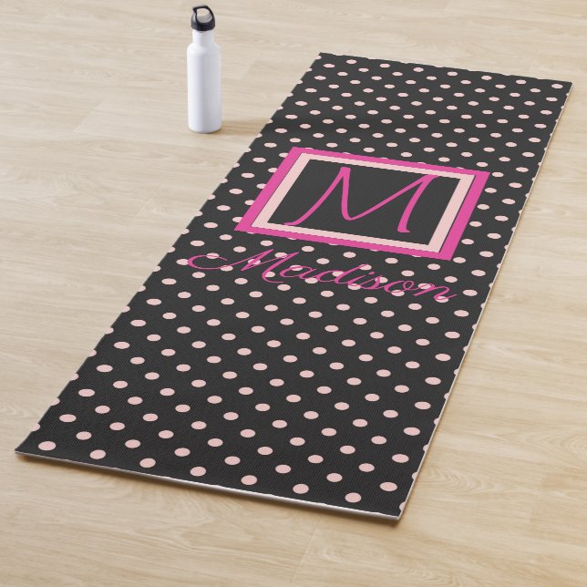 Black and Pink Polka Dot Trendy Monogram Yoga Mat (In Situ)