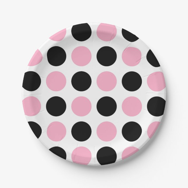 Black and Pink Polka Dots Paper Plate (Front)