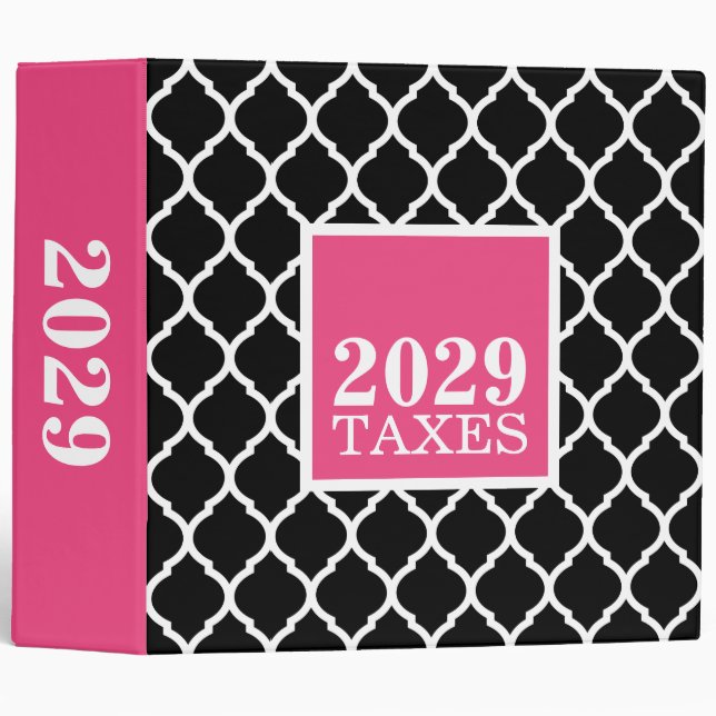 Black and Pink Quatrefoil Cute Tax Binder (Front/Spine)
