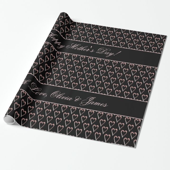 Black and Pink Rose Gold Hearts Pattern Add Text Wrapping Paper (Unrolled)