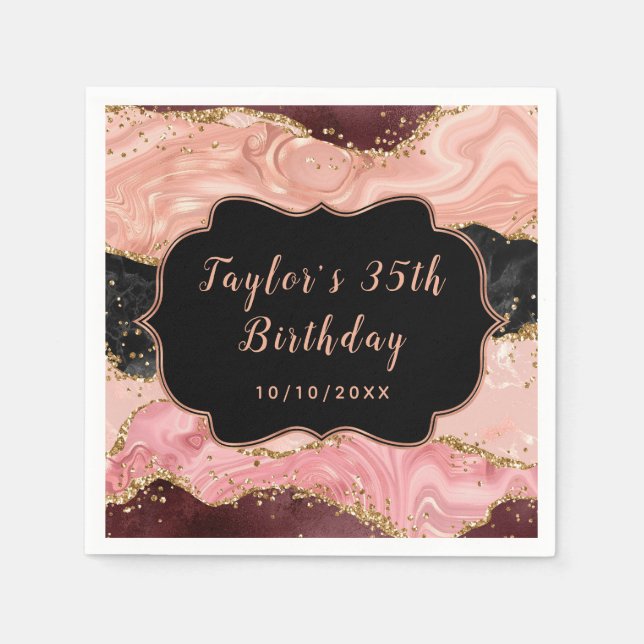 Black and Pink Sequins Agate Birthday Napkin (Front)