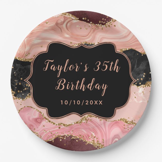 Black and Pink Sequins Agate Birthday Paper Plate (Front)