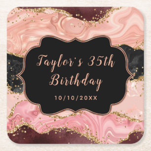 Black and Pink Sequins Agate Birthday Square Paper Coaster