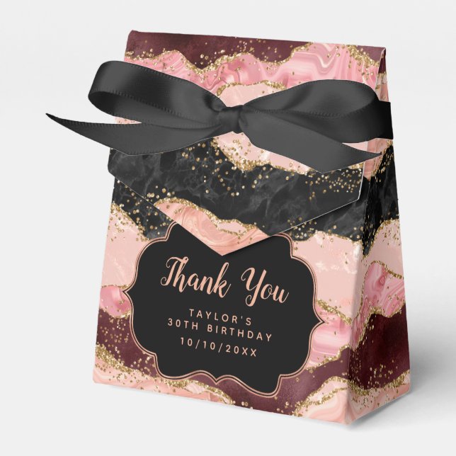 Black and Pink Sequins Agate Birthday Thank You Favor Box (Front Side)