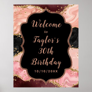 Black and Pink Sequins Agate Birthday Welcome Poster