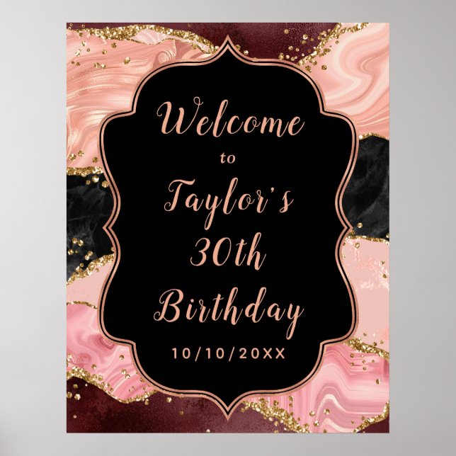 Black and Pink Sequins Agate Birthday Welcome Poster (Front)