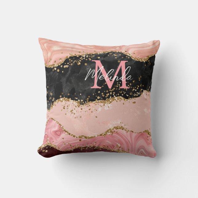 Black and Pink Sequins Agate Throw Pillow (Front)