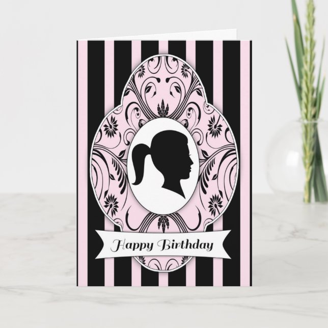 Black and Pink Silhouette Girl's Birthday Card (Front)
