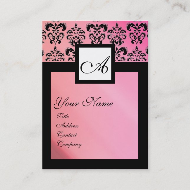BLACK AND PINK SILK DAMASK SQUARE MONOGRAM BUSINESS CARD (Front)